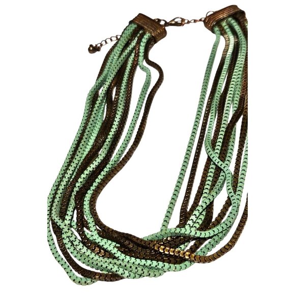 Vintage Necklace Multi-Strand Mint Green & Bronze Metal 3D Rectangular Links - Picture 2 of 11